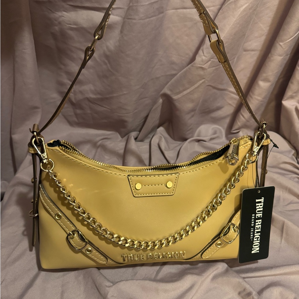 True Religion Camel Shoulder Bag w/ Chain Accent